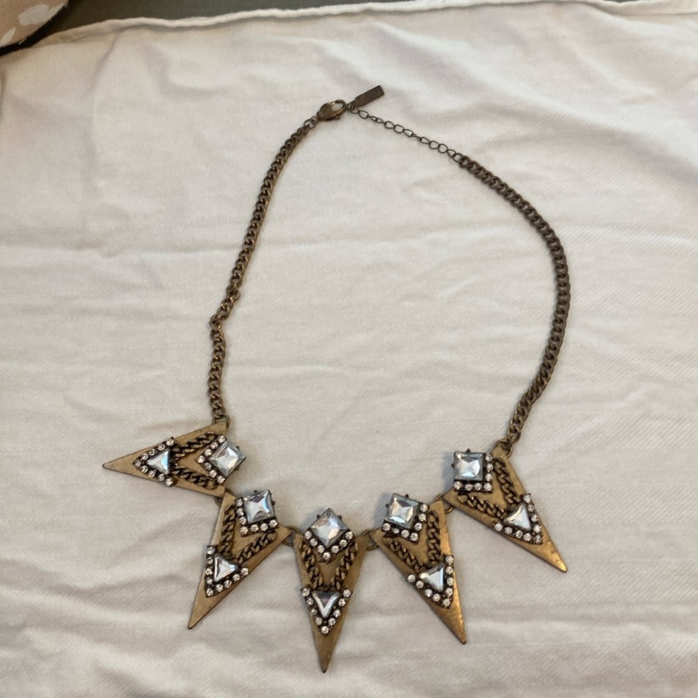 Rare/Retired Baublebar Rocker Triangle Antique Gold and Crystal necklace